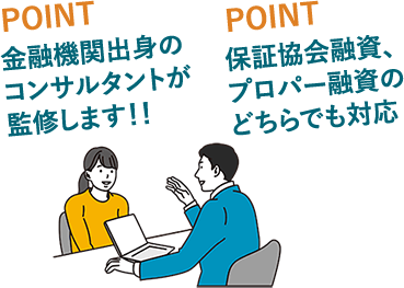 ①金融機関出身のコンサルタントが監修します！！、②保証協会融資・プロパー融資のどちらでも対応可能